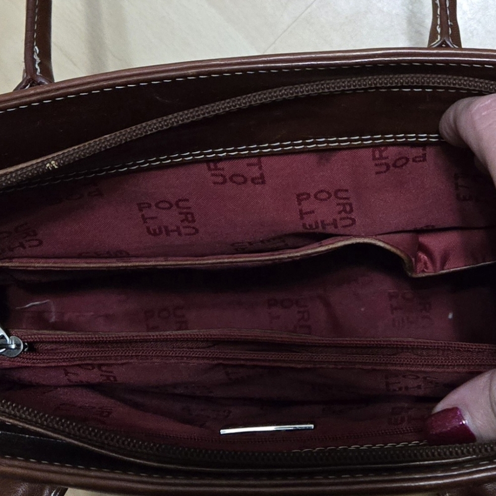 👛 Pourchet Shoulder Bag Burgundy & Leather Double Handle EUC - Picture 7 of 9